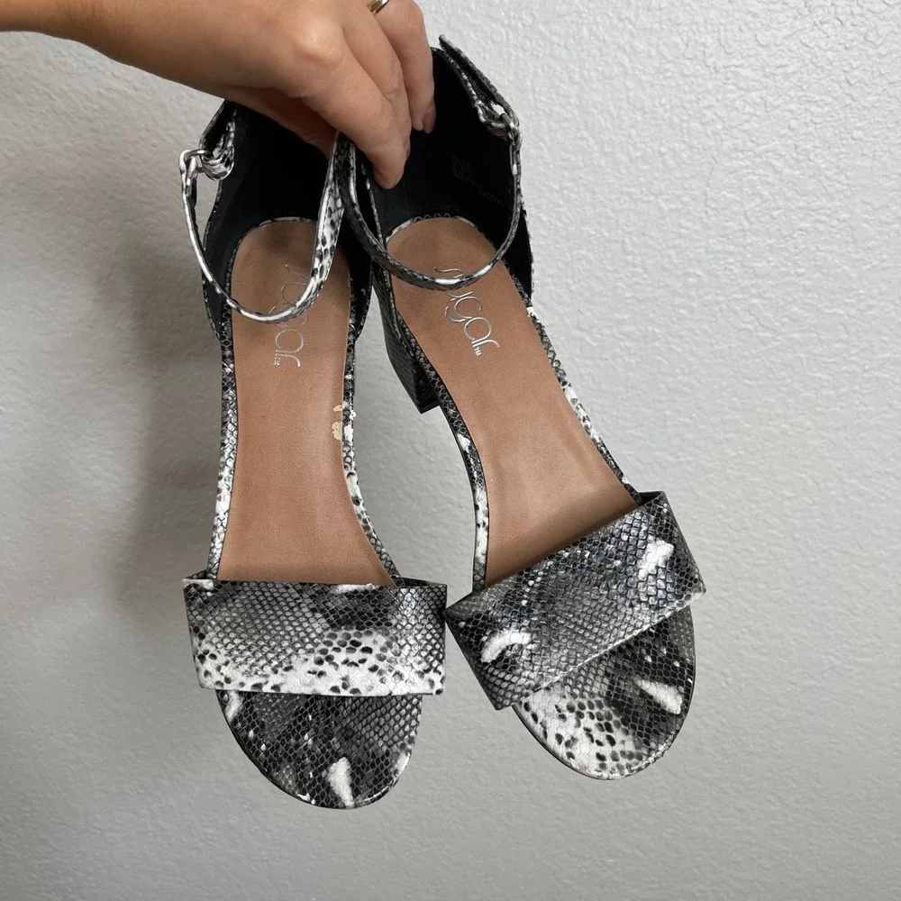 Sugar Mattie Snakeskin Print Block Heel Ankle Strap Sandals Grey Black 7.5M